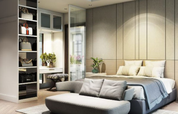 Lemari berwarna putih bersih dengan aksen perak yang elegan